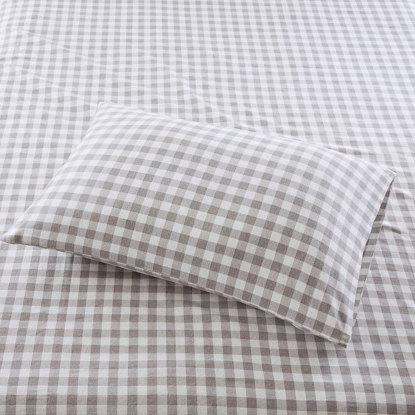 True North by Sleep Philosophy Cozy Cotton Flannel Printed Sheet Set in Gray Herringbone Check, Full TN20-0571