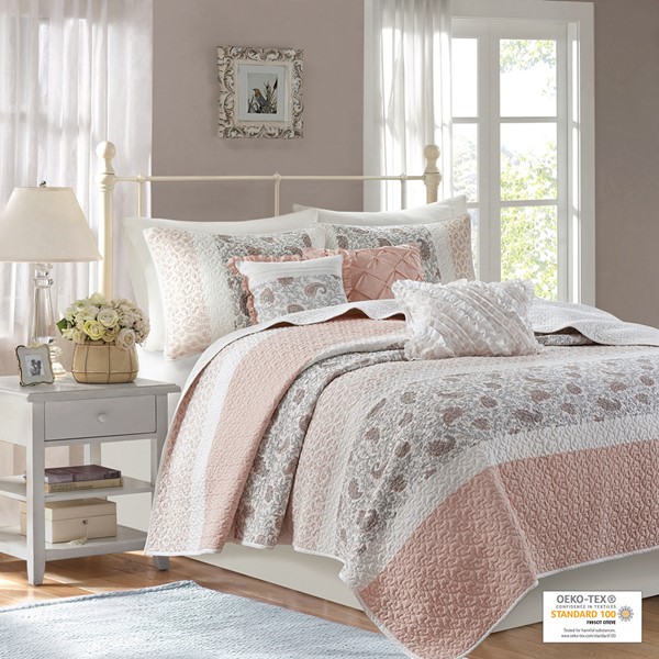 Madison Park Dawn 6 Piece Cotton Percale Quilt Set with Throw Pillows in Blush, Full/Queen MP13-6872