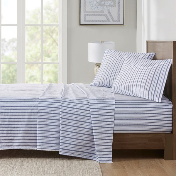 Madison Park Essentials 200 Thread Count Printed Cotton Sheet Set in Blue Stripe, Full MPE20-1012