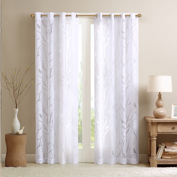 Madison Park Averil Grommet Top Sheer Bird on Branches Burnout Window Curtain in White, 50x95" MP40-3008