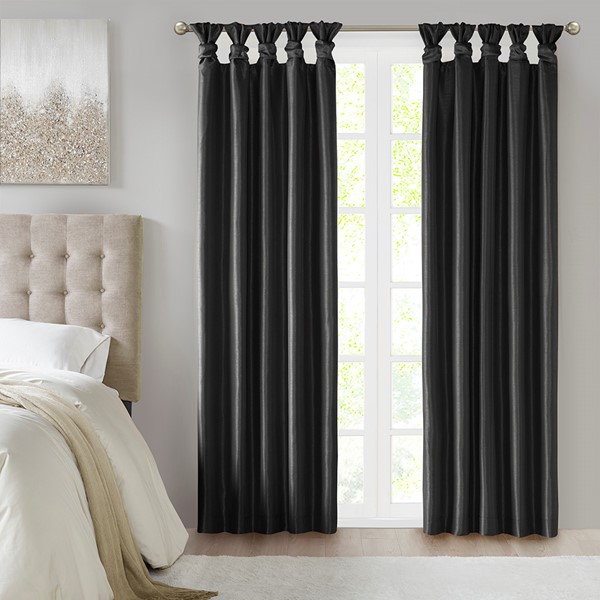 Madison Park Emilia 100% Polyester Solid Faux Silk Lined Twist Tab Total Blackout Window Curtain in Black, 50x95" Blackout MP40-8336