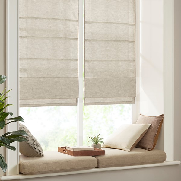 Madison Park Como Printed Faux Silk Room Darkening Cordless Roman Shade in Ivory, 27x64" MP40-7435