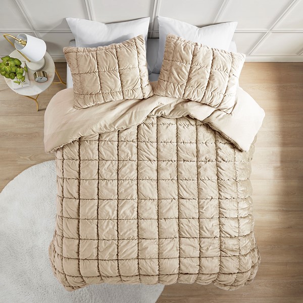 Intelligent Design Velvet Dream Puff Comforter Set in Tan, Full/Queen ID10-2337