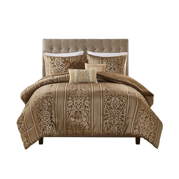 Madison Park Bella 6 Piece Jacquard Comforter Set with Throw Pillows in Brown, Full/Queen MP10-8404