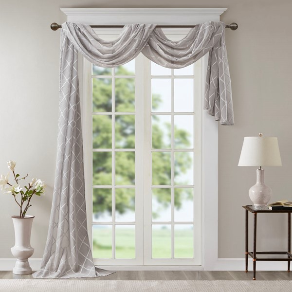 Madison Park Irina Diamond Sheer Embroidered Window Scarf in Grey, 50x144" MP40-4942