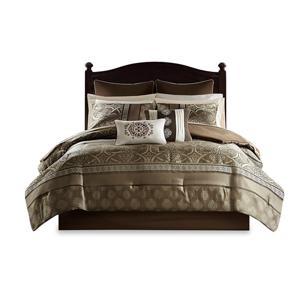 Madison Park Essentials Zara 16 Piece Jacquard Comforter Set with 2 Bed Sheet Sets in Brown, Queen MPE10-795