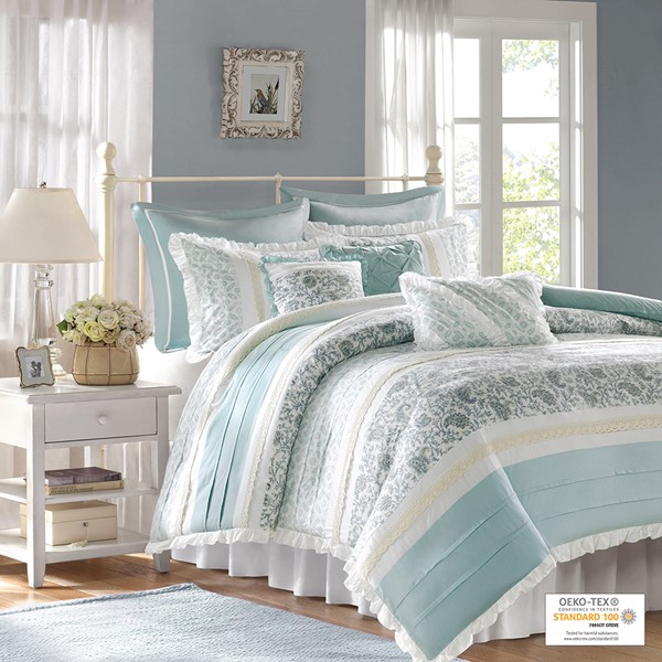 Madison Park Dawn 9 Piece Cotton Percale Duvet Cover Set in Aqua, Cal King MP12-391