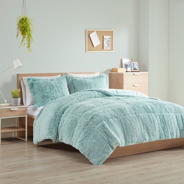 Intelligent Design Malea Shaggy Faux Fur Comforter Mini Set in Aqua, Full/Queen ID10-2043