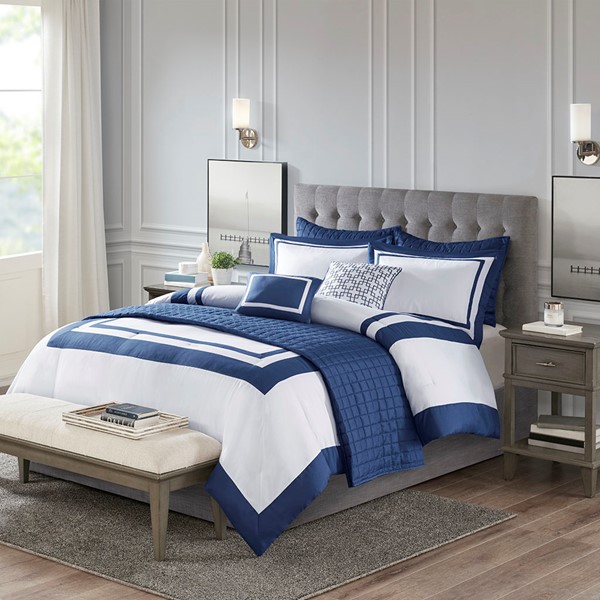 Madison Park Heritage 8 Piece Comforter and Quilt Set Collection in Navy, King/Cal King MP10-6139