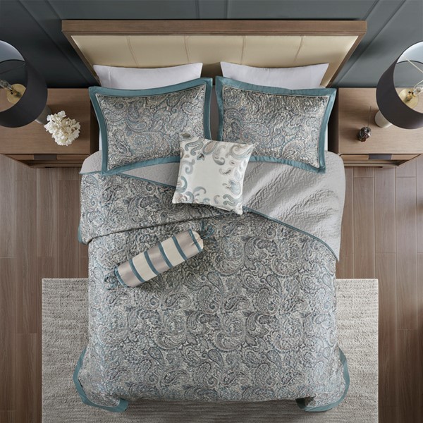 Madison Park Aubrey 5 Piece Jacquard Bedspread Set with Throw Pillows in Teal, King MP13-8315