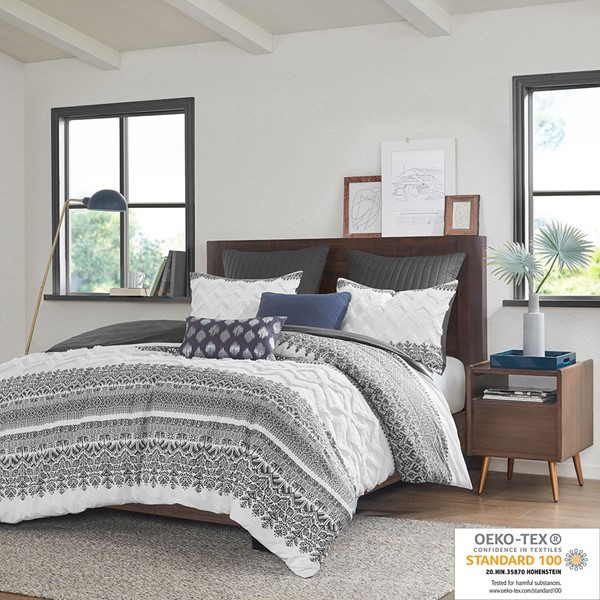 INK+IVY Mila 3 Piece Cotton Duvet Cover Set with Chenille Tufting in Gray, Full/Queen II12-1250