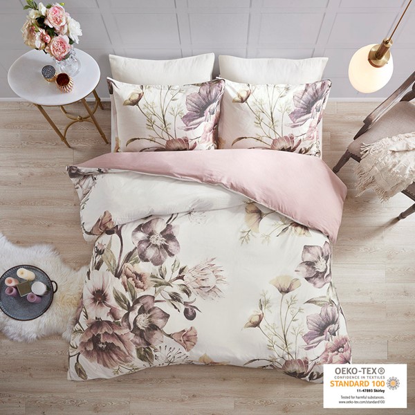 Madison Park Cassandra 3 Piece Cotton Printed Duvet Cover Set in Blush, King/Cal King MP12-6168