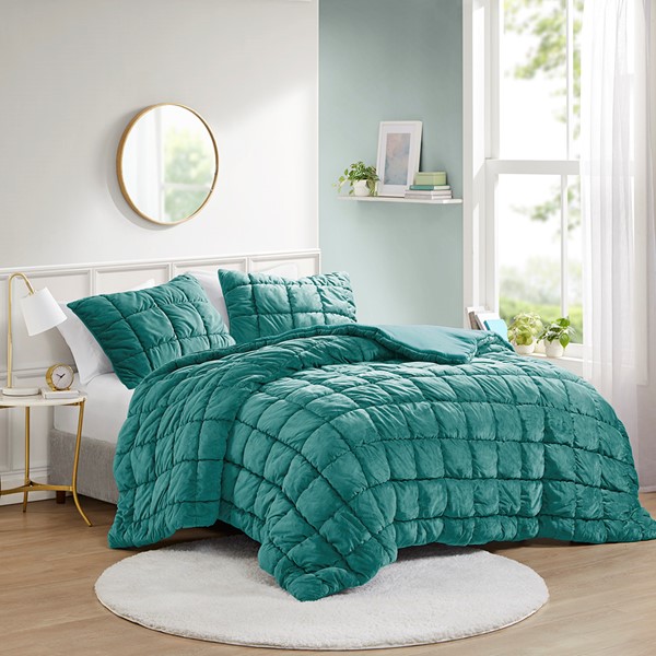 Intelligent Design Velvet Dream Puff Comforter Set in Teal, Full/Queen ID10-2343