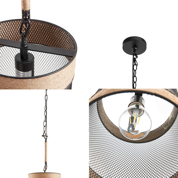 INK+IVY Orion Natural Rope and Metal Mesh Cylinder Pendant in Natural/Black II151-0139