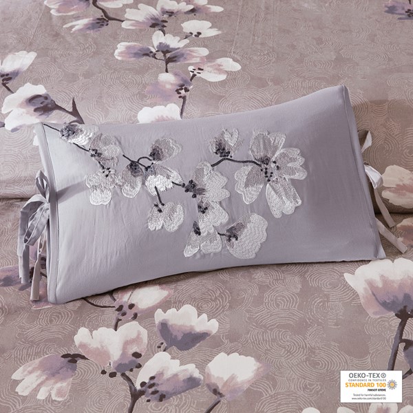 N Natori Sakura Blossom Embroidered Cotton Oblong Decorative Pillow in Lilac, 12x20" NS30-3259