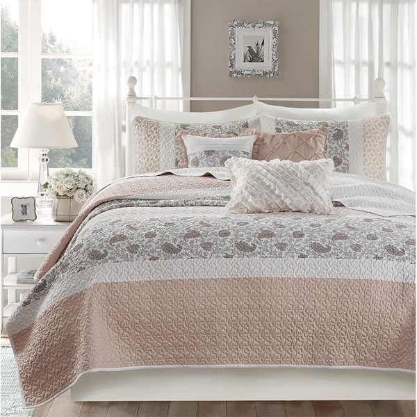 Madison Park Dawn 6 Piece Cotton Percale Quilt Set with Throw Pillows in Blush, Full/Queen MP13-6872