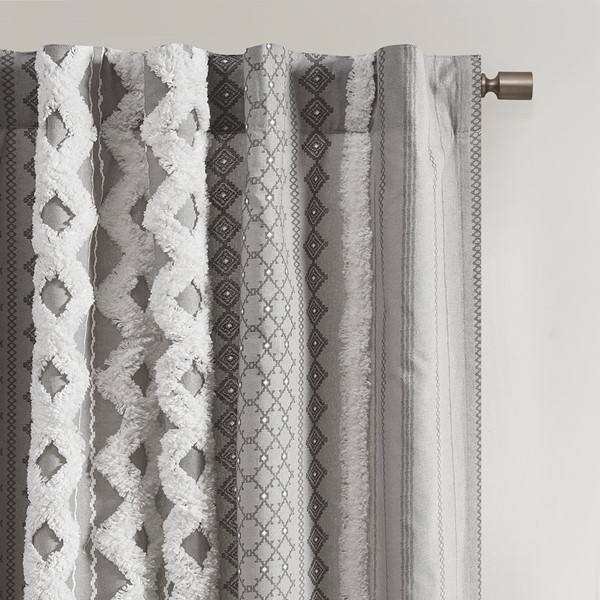 INK+IVY Imani Cotton Printed Curtain Panel with Chenille Stripe and Lining in Gray, 50x84" II40-1181