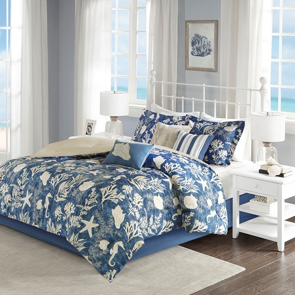 Madison Park Cape Cod 7 Piece Cotton Sateen Comforter Set in Blue, King MP10-5282