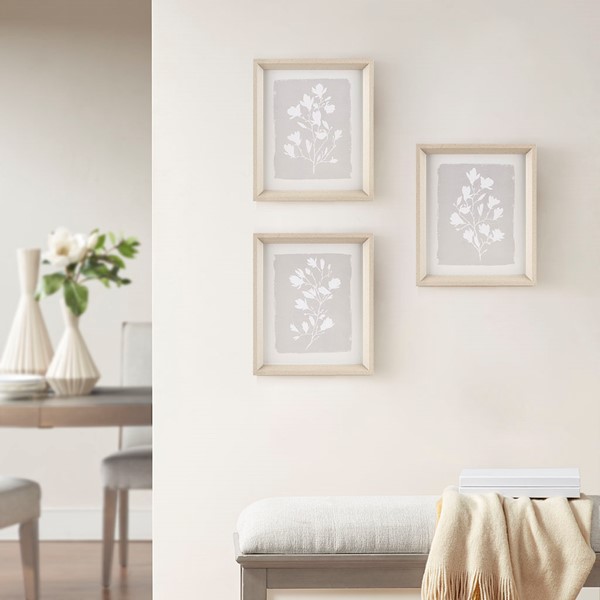 Madison Park Fair Florets 3-piece Framed Glass Wall Art Set in Beige MP95G-0298