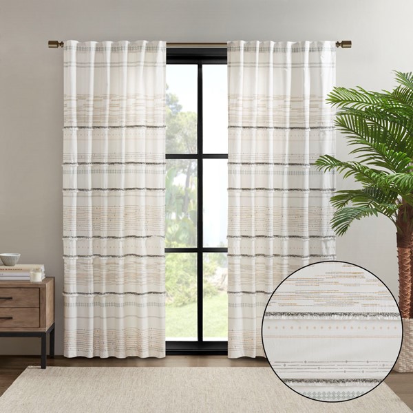 INK+IVY Nea Cotton Printed Curtain Panel with tassel trim and Lining in Off White/Gray, 50x84" II40-1184