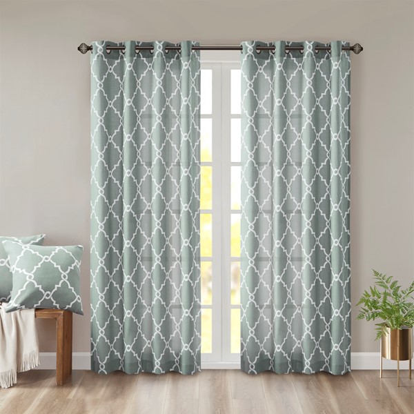 Madison Park Saratoga Fretwork Print Grommet Top Window Curtain Panel in Seafoam/White, 50x84" MP40-2402