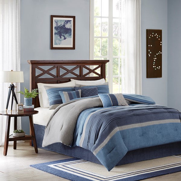 Madison Park Collins 7 Piece Microsuede Comforter Set in Navy, King MP10-1637