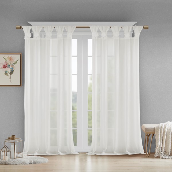 Madison Park Rosette Floral Embellished Cuff Tab Top Solid Curtain Panel in White, 50x63" MP40-5644