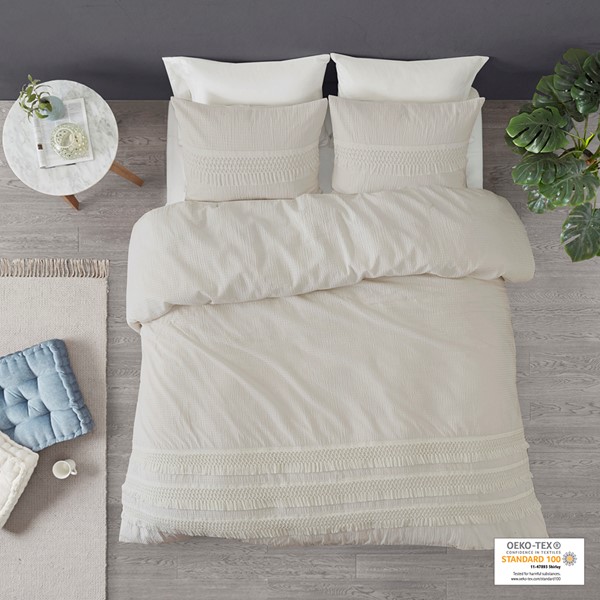 Madison Park Amaya 3 Piece Cotton Seersucker Duvet Cover Set in Ivory, Full/Queen MP12-6161