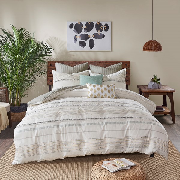 INK+IVY Nea Cotton Printed Duvet Cover Set with Trims in Off White/Gray, King/Cal King II12-1059