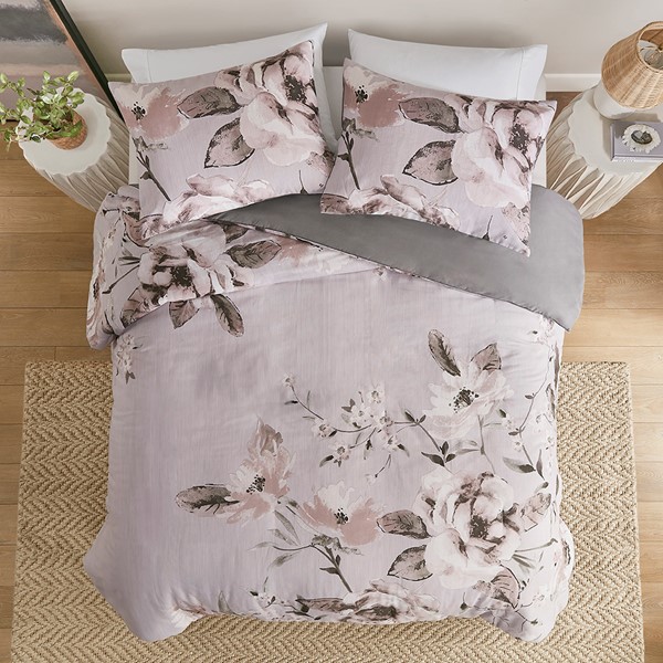 Madison Park Neko 3 Piece Floral Printed Duvet Cover Set in Lilac, Full/Queen MP12-8318