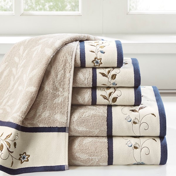 Madison Park Serene Embroidered Cotton Jacquard 6 Piece Towel Set in Navy MP73-7820