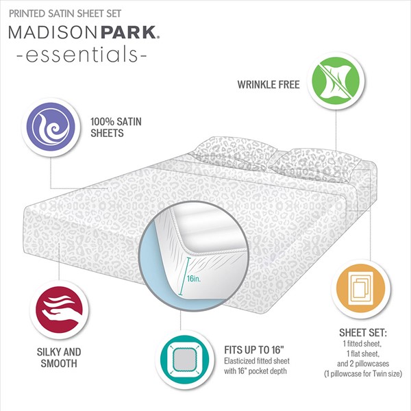 Madison Park Essentials Printed Satin Sheet Set in Gray Leopard, King MPE20-1002