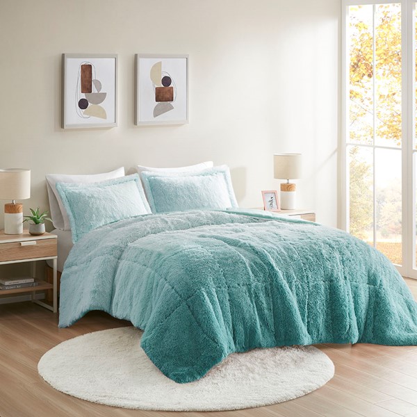 Intelligent Design Brielle Ombre Shaggy Long Fur Comforter Mini Set in Aqua, Twin/Twin XL ID10-2149