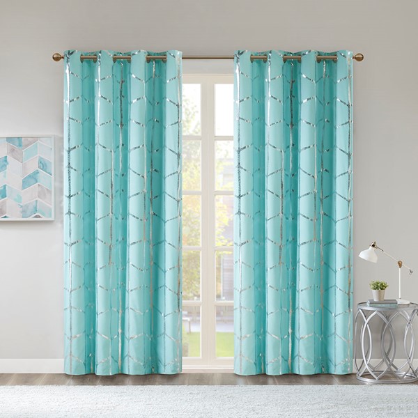 Intelligent Design Raina Total Blackout Metallic Print Grommet Top Curtain Panel in Aqua/Silver, 50x63" ID40-1617