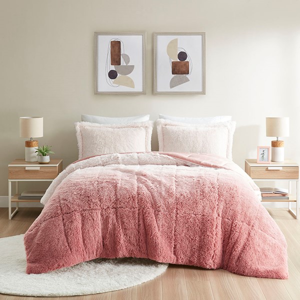 Intelligent Design Brielle Ombre Shaggy Long Fur Comforter Mini Set in Blush, Full/Queen ID10-2144