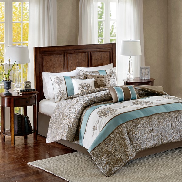 Madison Park Caroline Jacquard 7 Piece Comforter Set in Blue, King MP10-4323