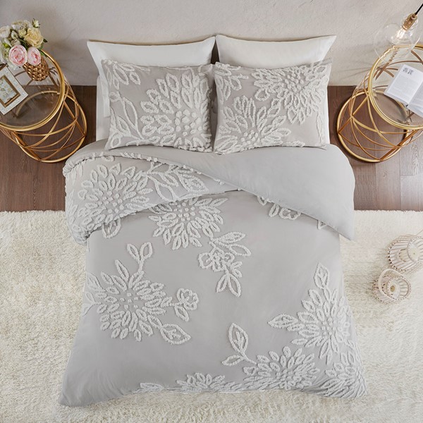 Madison Park Veronica 3 Piece Tufted Cotton Chenille Floral Duvet Cover Set in Warm Grey/White, Full/Queen MP12-6394