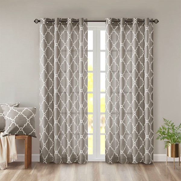 Madison Park Saratoga Fretwork Print Grommet Top Window Curtain Panel in Grey/White, 50x84" MP40-1282