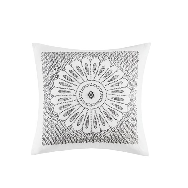 INK+IVY Sofia Cotton Embroidered Decorative Square Pillow in Grey, 20x20" II30-609