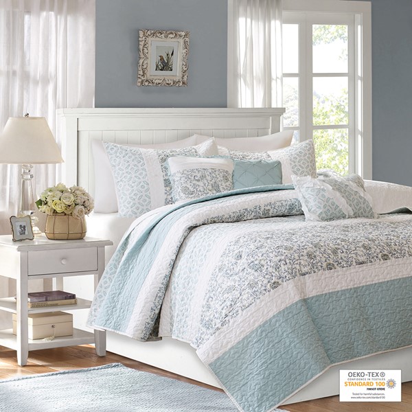 Madison Park Dawn 6 Piece Cotton Percale Quilt Set with Throw Pillows in Aqua, Full/Queen MP13-2801