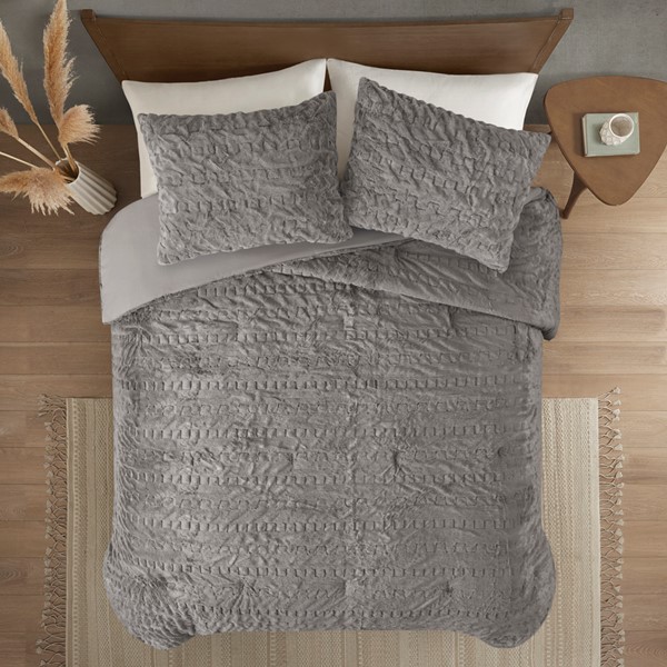 Madison Park Blair Ruched Fur Down Alternative Comforter Set in Grey, King/Cal King MP10-8212