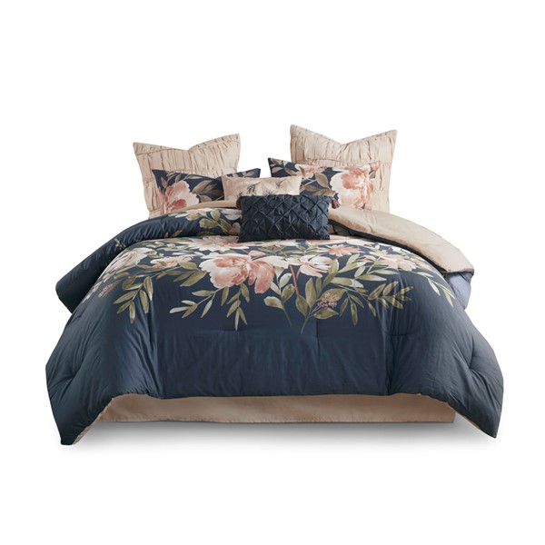 Madison Park Camillia 8 Piece Cotton Comforter Set in Navy, King MP10-7296