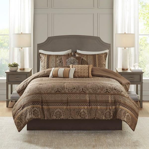 Madison Park Bellagio 7 Piece Jacquard Comforter Set in Brown/Gold, Queen MP10-4533