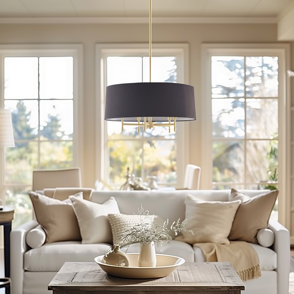 Hampton Hill Presidio 5-Light Dimmable Chandelier with Drum-shaped Fabric Shade & Adjustable Height in Gold/Black FB150-1153