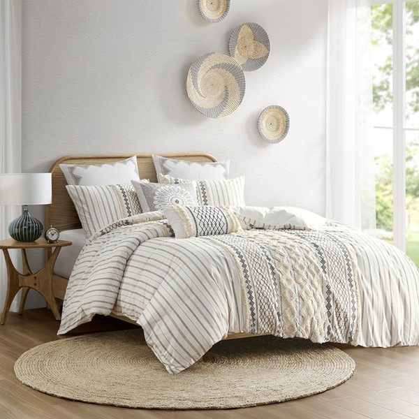 INK+IVY Imani Cotton Printed Duvet Cover Set with Chenille in Ivory, King/Cal King II12-997