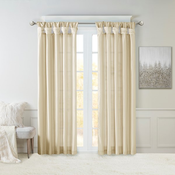 Madison Park Emilia 100% Polyester Solid Faux Silk Lined Twist Tab Window Curtain in Champagne, 50x95" WIN40-120