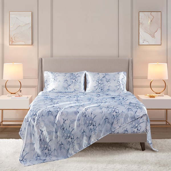 Madison Park Essentials Printed Satin Sheet Set in Blue Marble, Full MPE20-1026