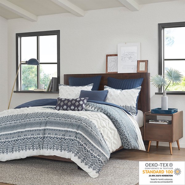 INK+IVY Mila 3 Piece Cotton Duvet Cover Set with Chenille Tufting in Navy, King/Cal King II12-1064