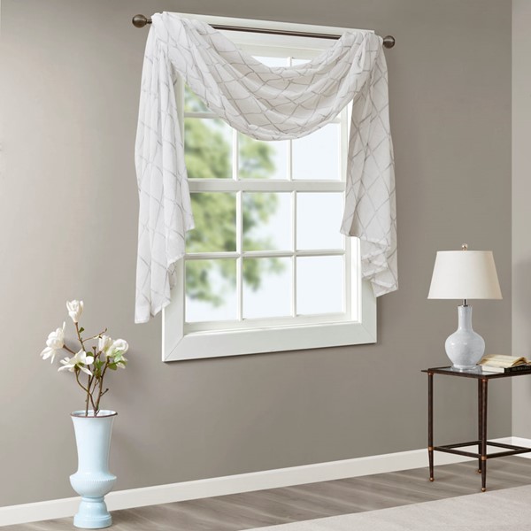 Madison Park Irina Diamond Sheer Embroidered Window Scarf in White/Grey, 50x144" MP40-4946