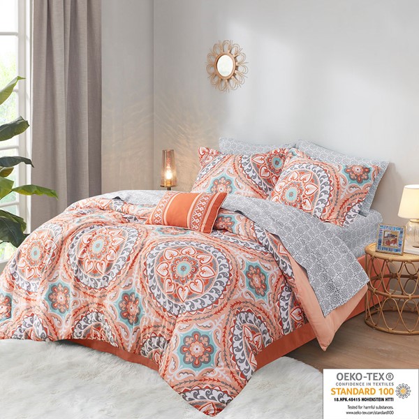 Madison Park Essentials Serenity Comforter Set with Cotton Bed Sheets in Coral, Twin MPE10-204